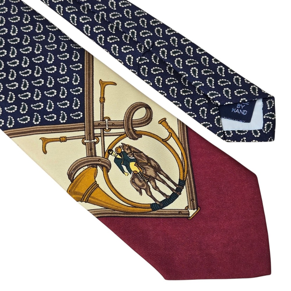 Polo Ralph Lauren Tie Mens Navy Blue Burgundy Paisley Equestrian Silk USA Made